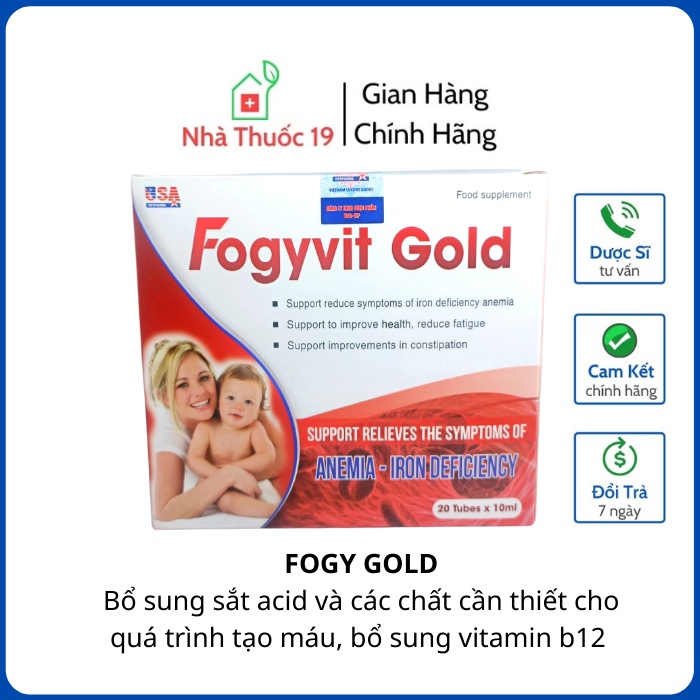 FOGYVIT GOLD [HỘP 20 ống]  Bổ Sung Sắt Acid, Vitamin B12 Giúp Tăng Cường Sức Khỏe, Giảm Mệt Mỏi Cho Phụ Nữ Mang Thai