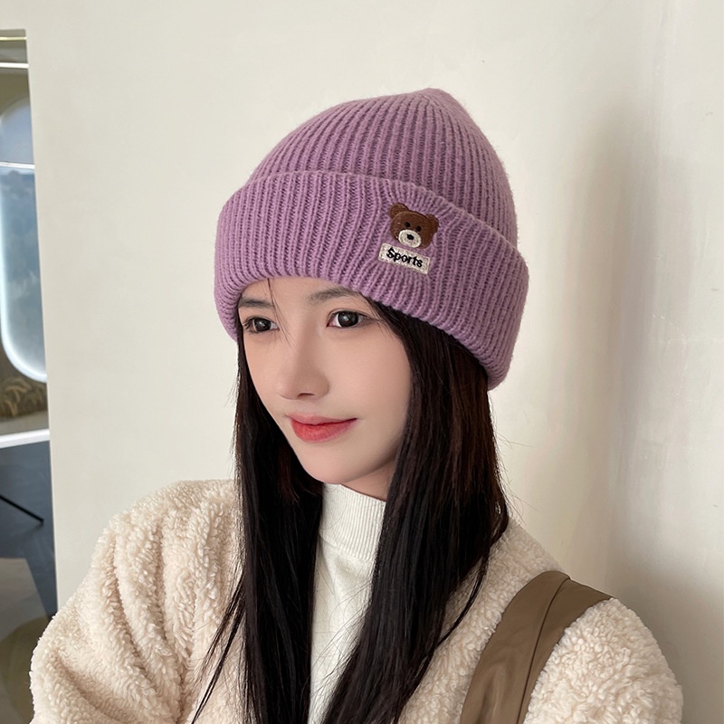 Mũ len dệt kim thêu họa tiết gấu hoạt hình thời trang cho nữ