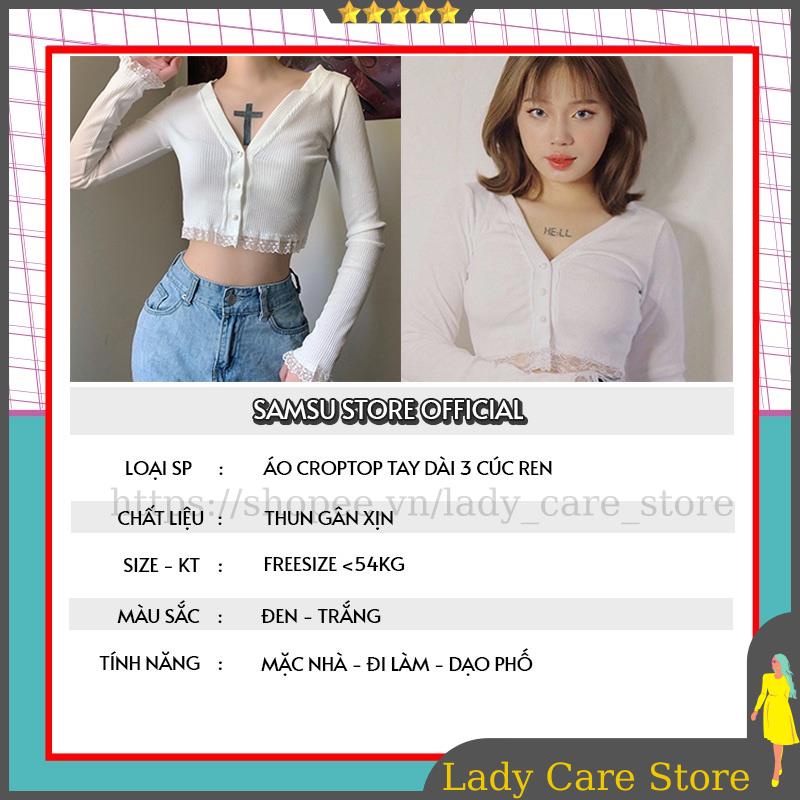 Áo croptop nữ tay dài kiểu ôm cổ trái tim cúc thật 49 ETT10