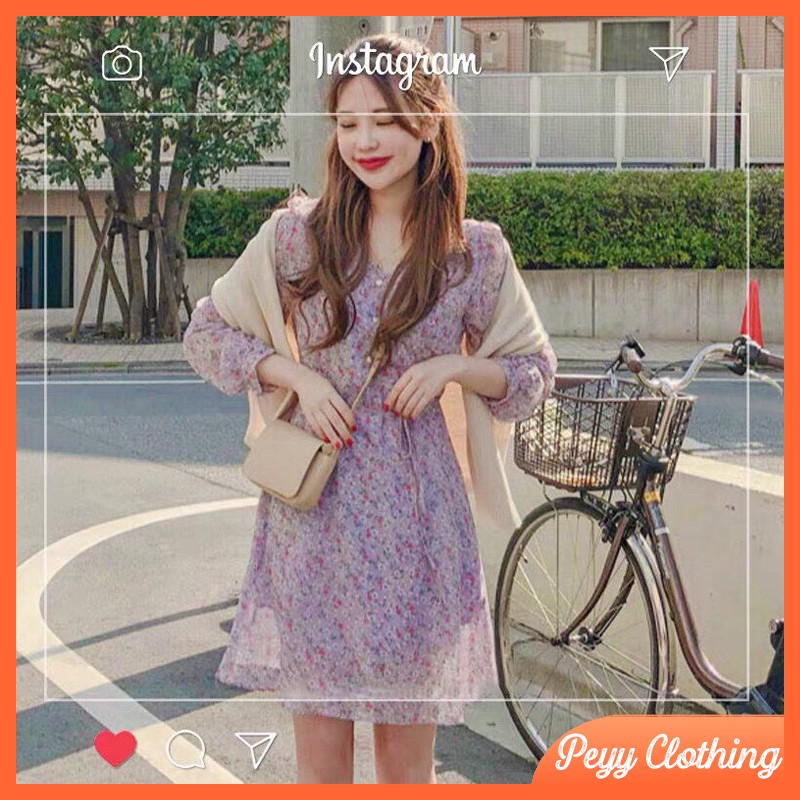 Váy hoa nhí vintage bánh bèo dài tay chất voan thoáng mát, Đầm hoa nhí ulzzang tiểu thư tay dài Hàn Quốc V08 - Peyy Clot | BigBuy360 - bigbuy360.vn