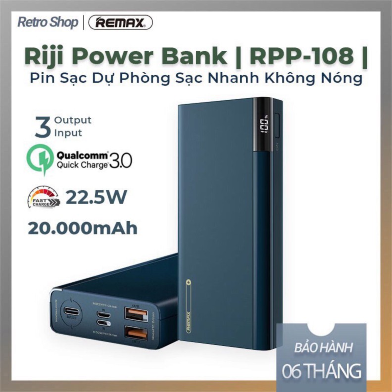 Pin sạc dự phòng Remax RPP 108 sạc nhanh 22,5W dung lượng 20.000mAh có đèn led báo dung lượng pin ♥️♥️