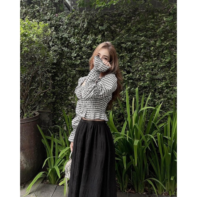 Áo kiểu croptop sọc kẻ caro tay phồng/ áo croptop cổ vuông tay phồng phối loe
