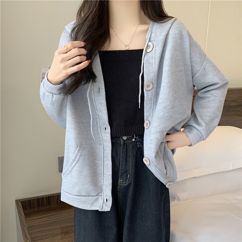 Áo khoác hoodie SUXI tay dài màu sắc đơn giản cho phái nữ