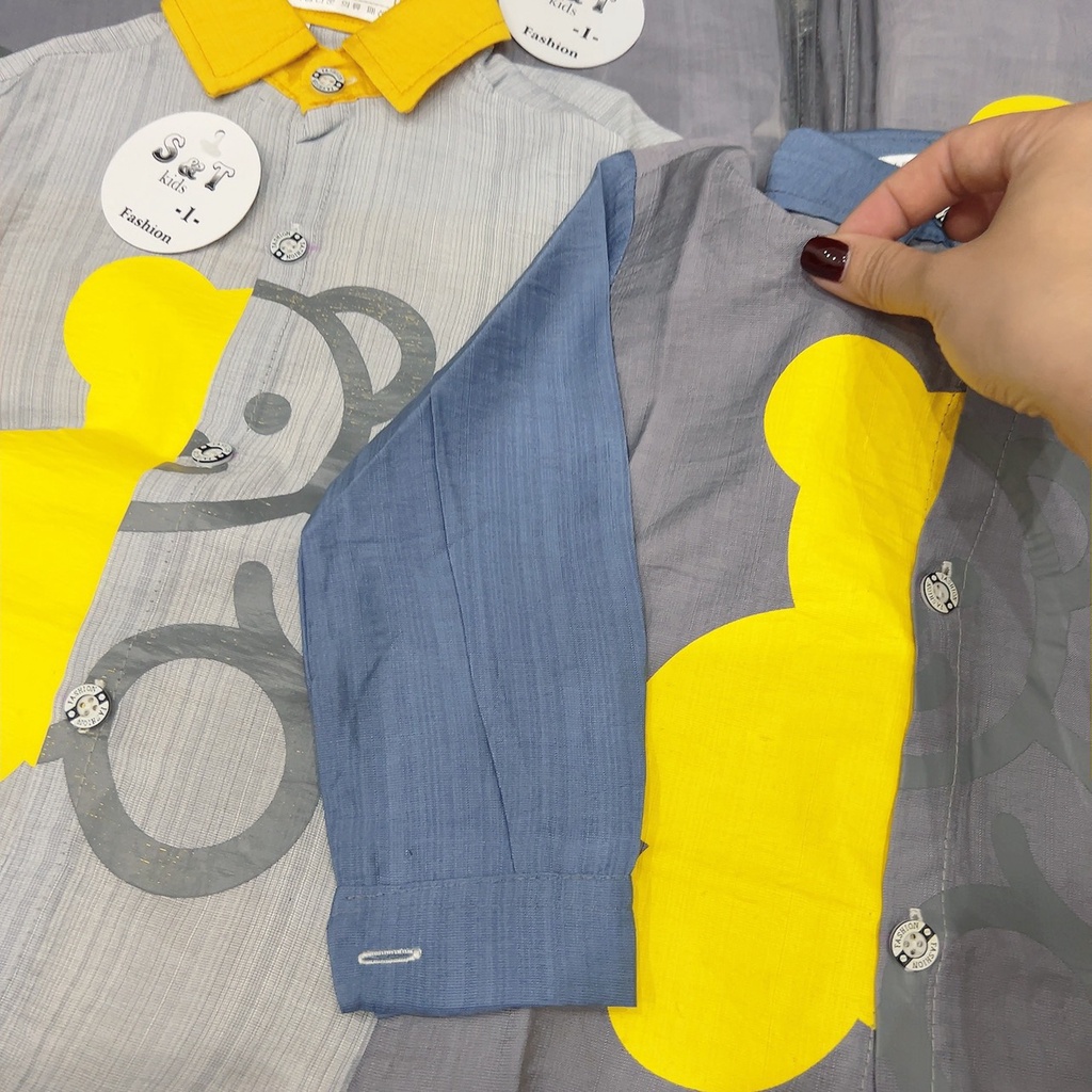 AT12 - Áo sơ mi bé trai, áo sơ mi đũi dài tay in gấu cho bé trai từ 8-20kg