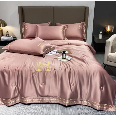 Bộ chăn ga gối lụa Dream city và lụa chữ H sang chảnh chăn trần hè mát lạnh giá rẻ
