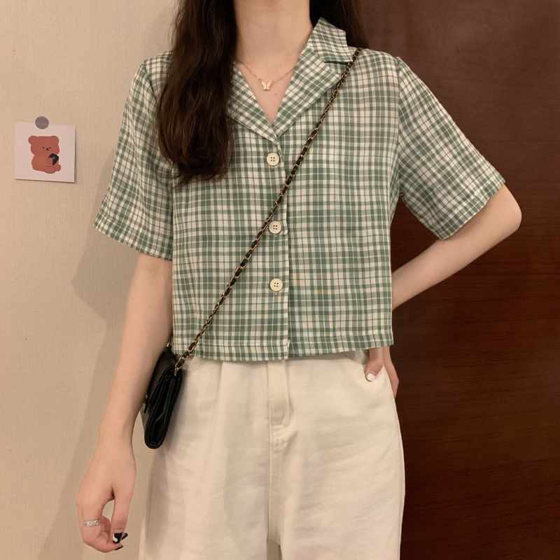 Áo Sơ Mi Ngắn Tay Kẻ Sọc Ca Rô Phong Cách Hồng Kông Thời Trang Mùa Hè Mới Cho Nữ 2022