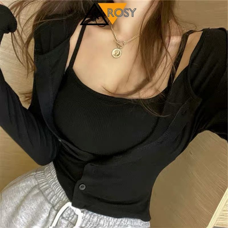 Set áo croptop 2 dây có khoác ngoài chất co giãn siêu xinh cho chị em