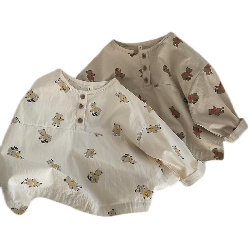 Áo Sơ Mi Cotton Lanh Tay Dài In Họa Tiết Gấu Hoạt Hình Phong Cách Hàn Quốc Cho Bé Trai Và Gái