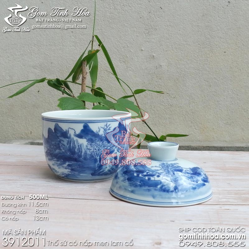 Thố sứ men lam cổ vẽ sơn thủy gốm sứ Bát Tràng