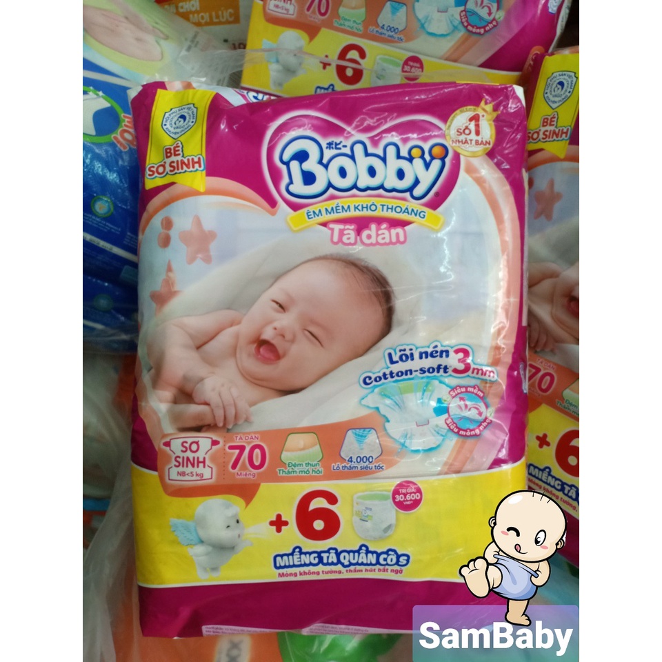 Tã Dán Sơ Sinh Bobby XS70 miếng [Tặng 6 Tã Quần] - HSD Luôn Mới