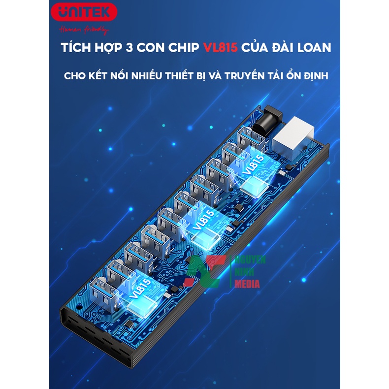 Bộ Chia USB 3.0 10 Cổng UNITEK H305A Tốc Độ Cao 5Gbps - Hàng Chính Hãng