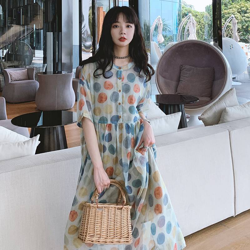 Váy babydoll Đầm Voan Dáng Rộng Lưng Cao Họa Tiết Chấm Bi Thời Trang Mùa Hè Hàng Mới 2021 Dành Cho Bạn Nữ