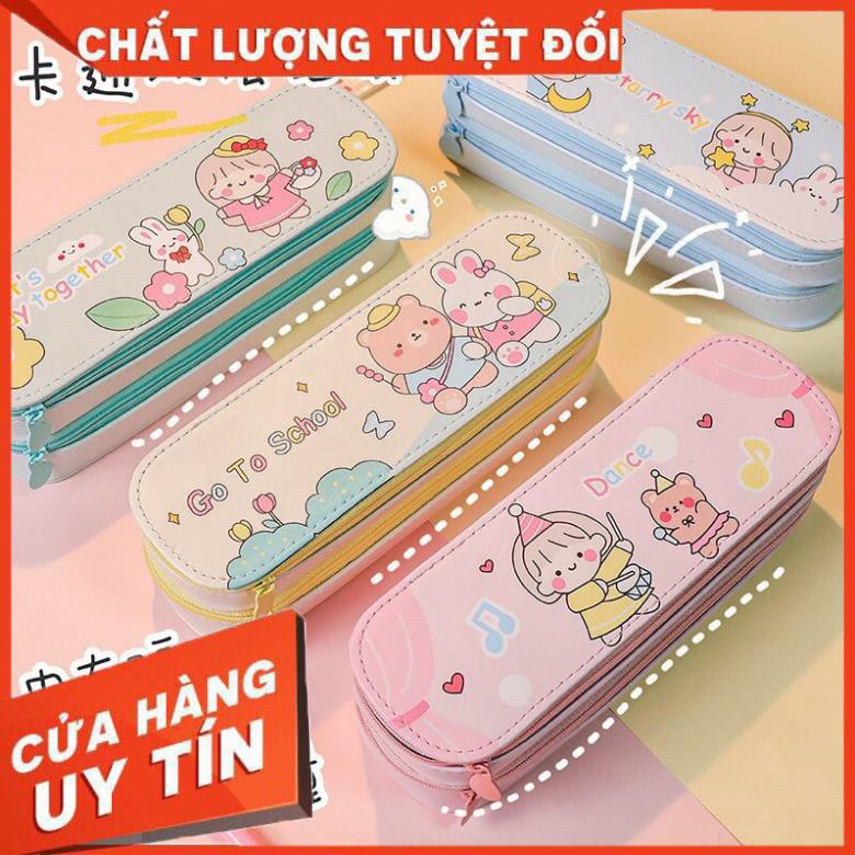 Hộp bút da PU nhiều ngăn hình thú, bóp viết 2 tầng cỡ to chống nước màu pastel cho bé gái