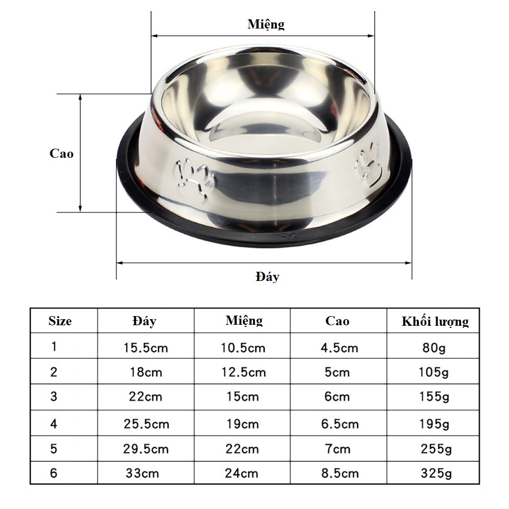 Bát đựng đồ ăn cho chó mèo thú cưng DACOTE chất liệu inox đệm cao su chống lật