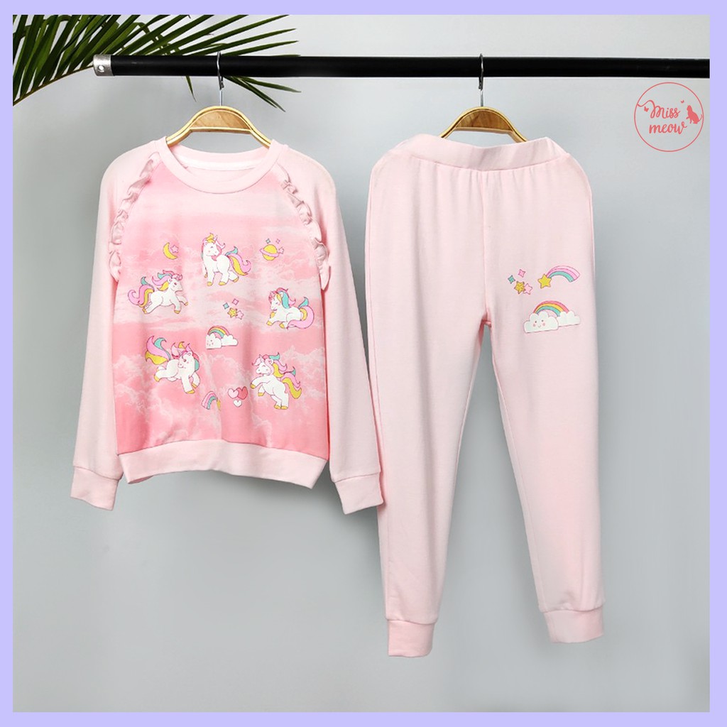 [SUPER SALE - FREE SHIP] Đồ Bộ Bé Gái Miss Meow Tới Size Đại, Set Bộ Quần Áo Dài Tay Cho Bé Hình Ngựa Unicorn Hồng