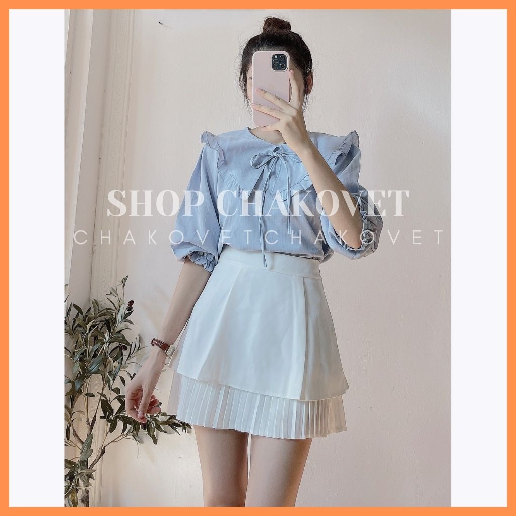 Áo kiểu nữ hàn quốc bánh bèo CKA880, sơ mi nữ tay lỡ cổ bèo buộc nơ tay bo chun thích hơp mặc đi làm đi học