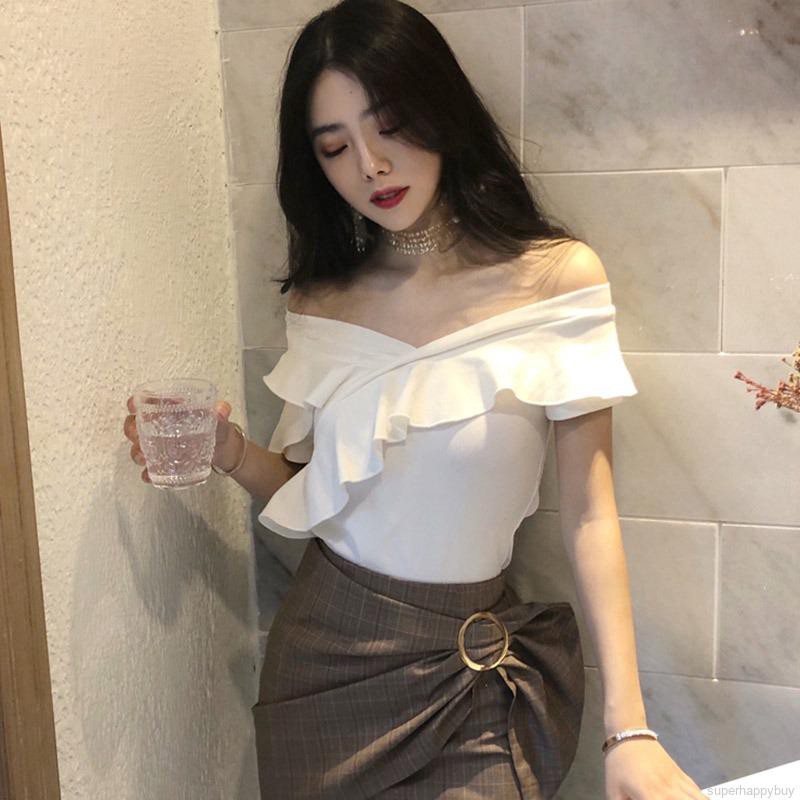 Áo kiểu tay ngắn màu trơn thiết kế quyến rũ theo phong cách Hàn Quốc