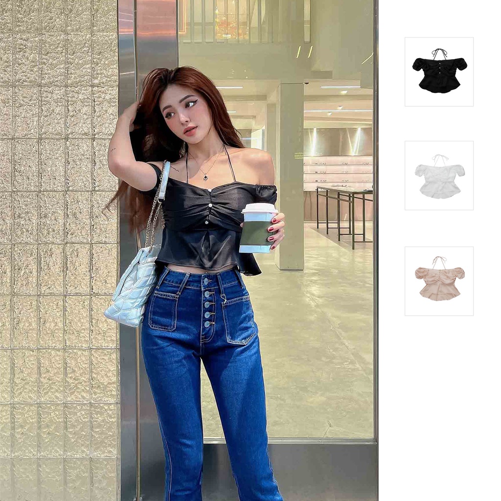 Áo Croptop Nữ Santorini, Chất Vải lụa satin Thoải Mái, WC000163, SOMEHOW