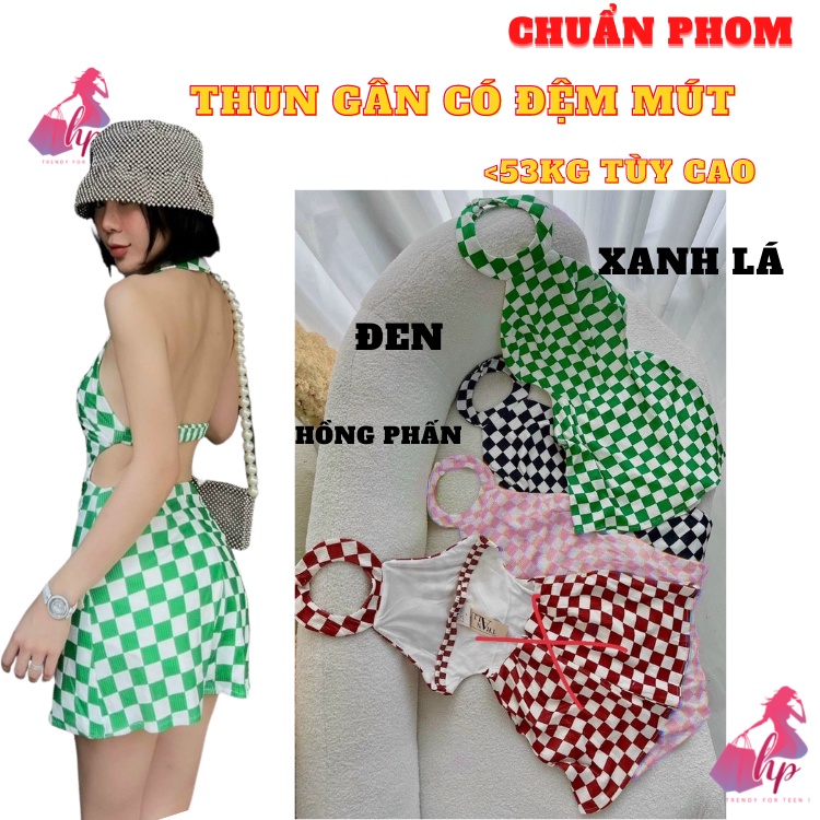 Váy cổ yếm nữ hở lưng  dáng xòe cài cúc thun gân, đầm  yếm sọc carô  phong cách sang chảnh hàn VD242