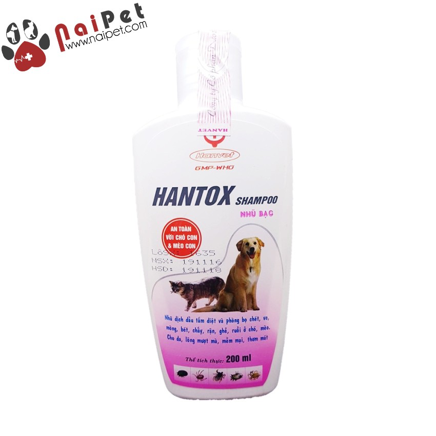 Sữa Tắm Trị Ve Rận Bọ Chét Mòng Chấy Mượt Lông Chó Mèo Hantox Shampoo Hồng Nhũ Bạc 200ml