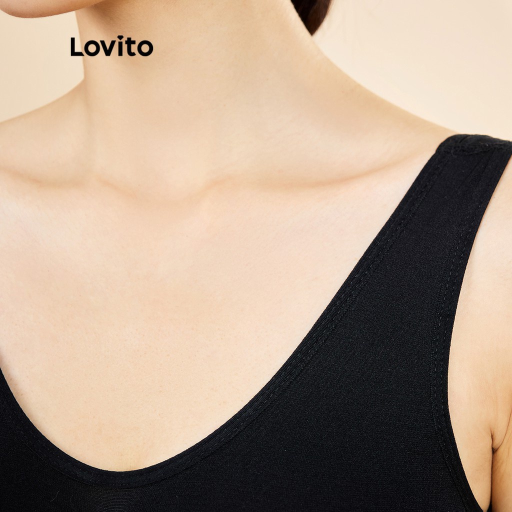Áo ngực thể thao Lovito mặt trước dây chun không đường may màu trơn L15X171 (Màu đen)