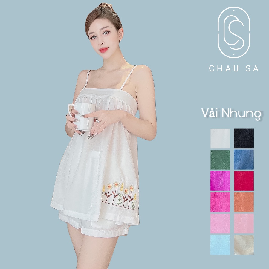 Set quần đùi áo 2 dây nhún ngực vải nhung mặc nhà - Đồ ngủ cao cấp Châu Sa