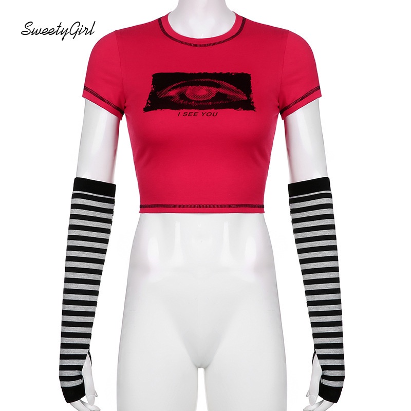 Áo Croptop Tay Dài Cổ Tròn In Họa Tiết Đôi Mắt Hoạt Hình Dành Cho Nữ