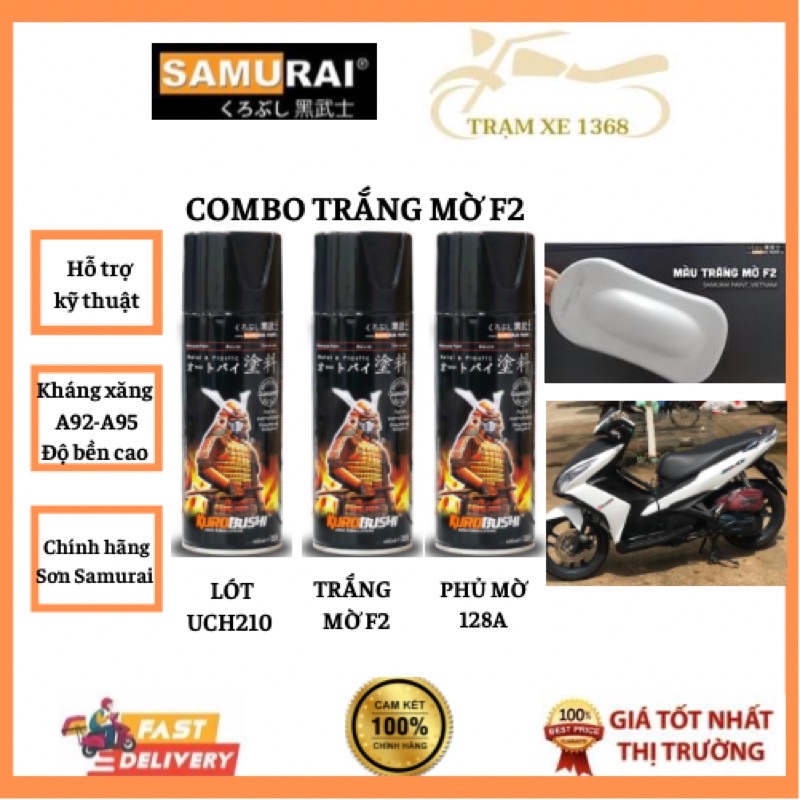 COMBO Sơn xịt Samurai màu trắng nhám mờ F2 đủ quy trình bền đẹp (Uch210 - F2 - 128a)