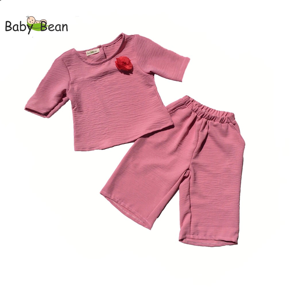 Đồ Bộ Đũi Áo Tay Lỡ Quần Ống Rộng đính Hoa Hồng bé gái BabyBean