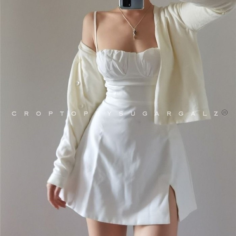 [DESIGN ONLY] Set Váy đầm hai dây cúp kèm mút kèm Blazer Croptop tay dài - by SGgz