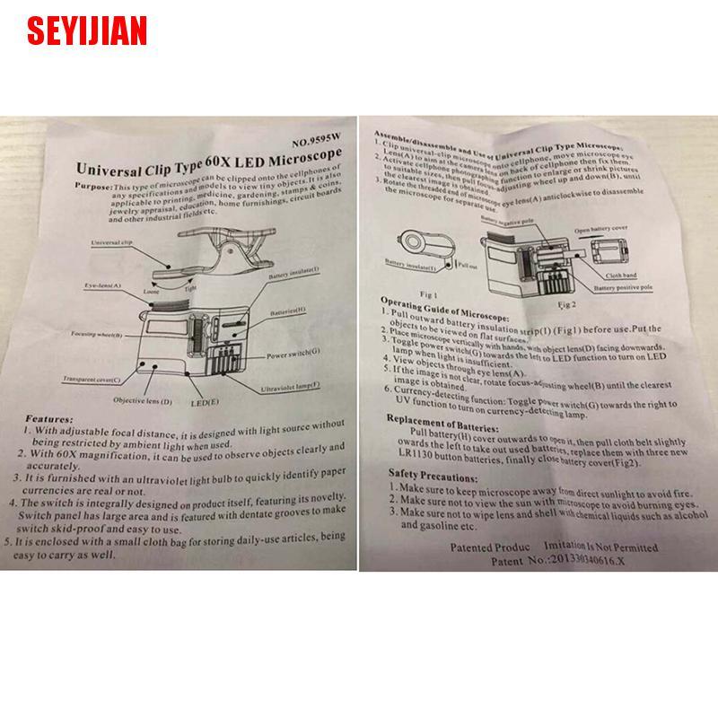 (SEY) 1Pc 60X Mobile Phone Microscope Macro Lens Zoom Micro Camera Clip With Led Light
