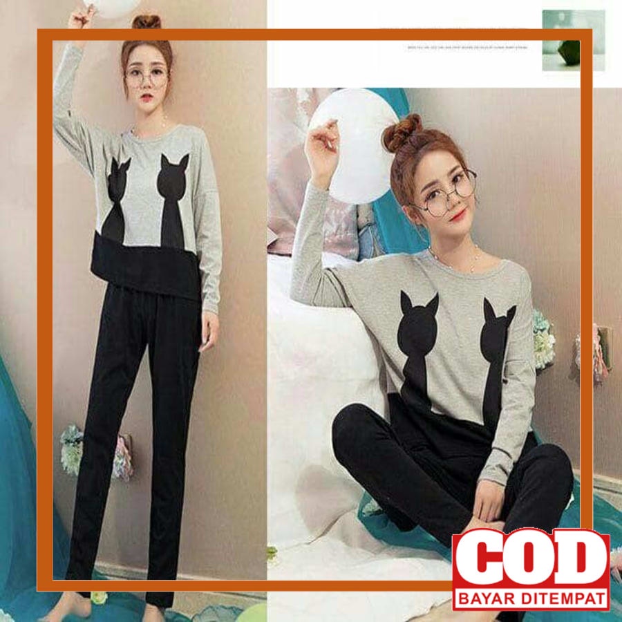 Bộ đồ ngủ dài tay in hình mèo đen đáng yêu