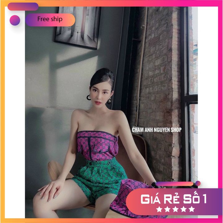 Set đồ nữ áo trễ vai quần short cạp cao xanh mũ kiểu hàn thời trang nữ 2021 cao cấp phong cách FoLo-Fashion
