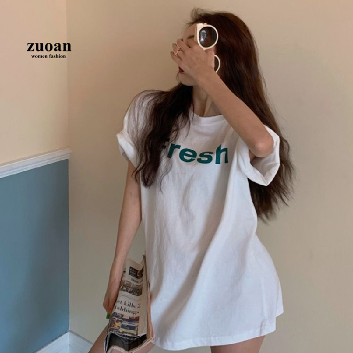 Áo thun SUXI dáng rộng in chữ phong cách Hàn Quốc cho nữ