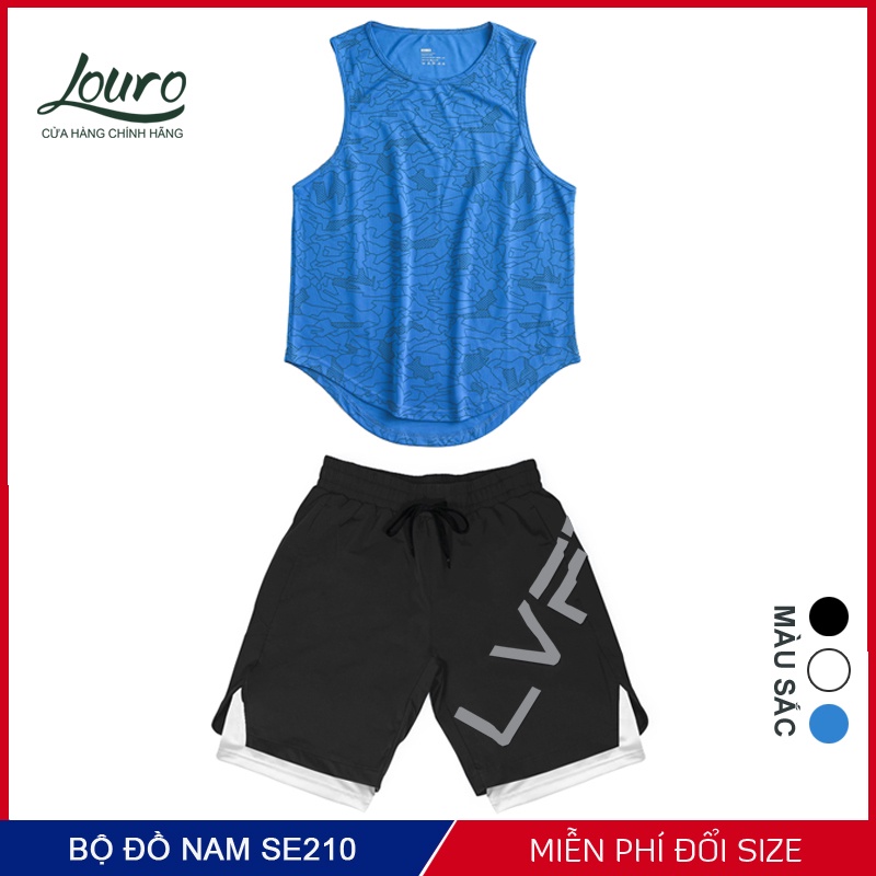 Quần áo tập gym nam Louro, kiểu áo ba lỗ nam và quần đùi 2 lớp, chất liệu cotton thun lạnh co giãn 4 chiều - SE200