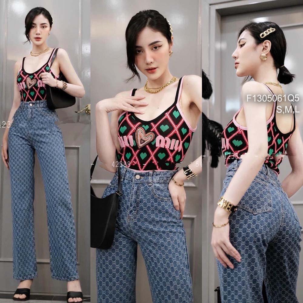 Quần jean dài ống suông họa tiết gucci lưng cao! HÀNG VNXK