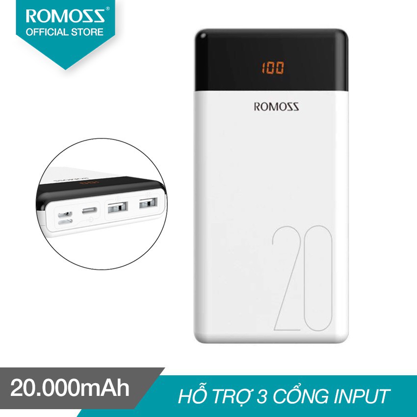 Pin Sạc Dự Phòng Romoss 20.000mah LT20 lõi Polymer Màn Hình Led, 3 Cổng Sạc Vào