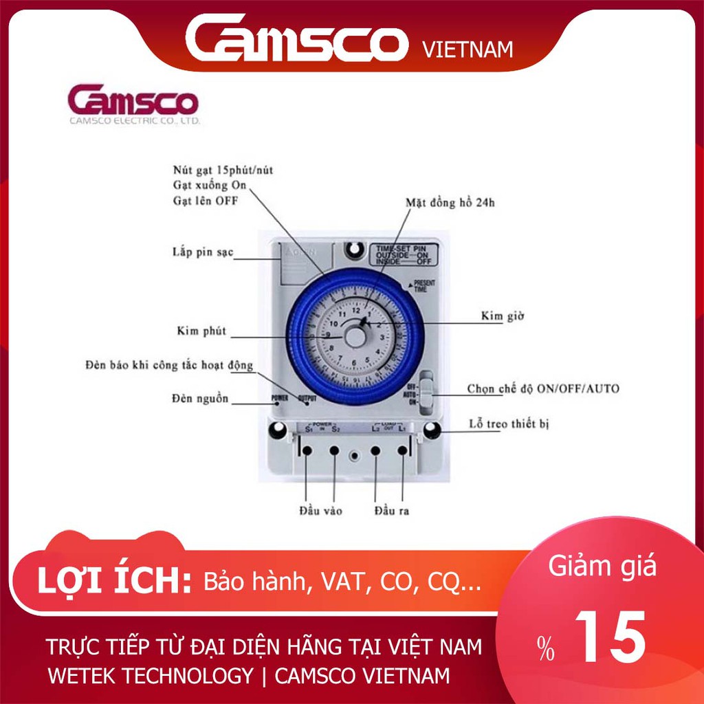 Camsco TB35N (TB35-N)Rẻ nhất Rơ le công tắc hẹn giờ timer 24h 7 ngày loại cơ, 16A, bảo hành 12T