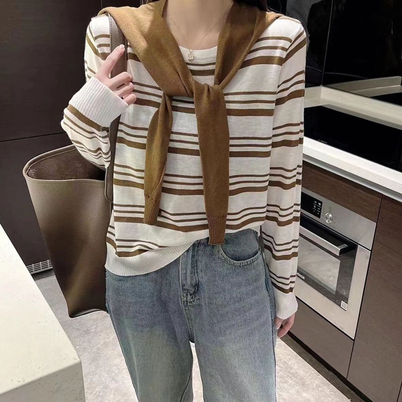 Áo kiểu SUXI dáng mỏng cổ tròn tay dài kẻ sọc kiểu Hàn Quốc xinh xắn cho nữ