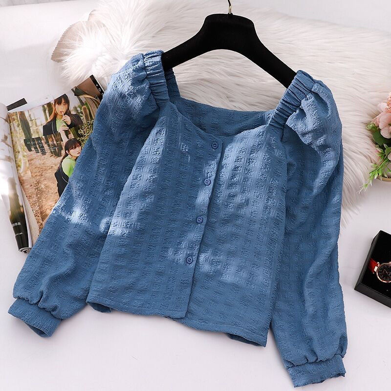 Ladies retro temperament blouse square collar bubble long sleeves