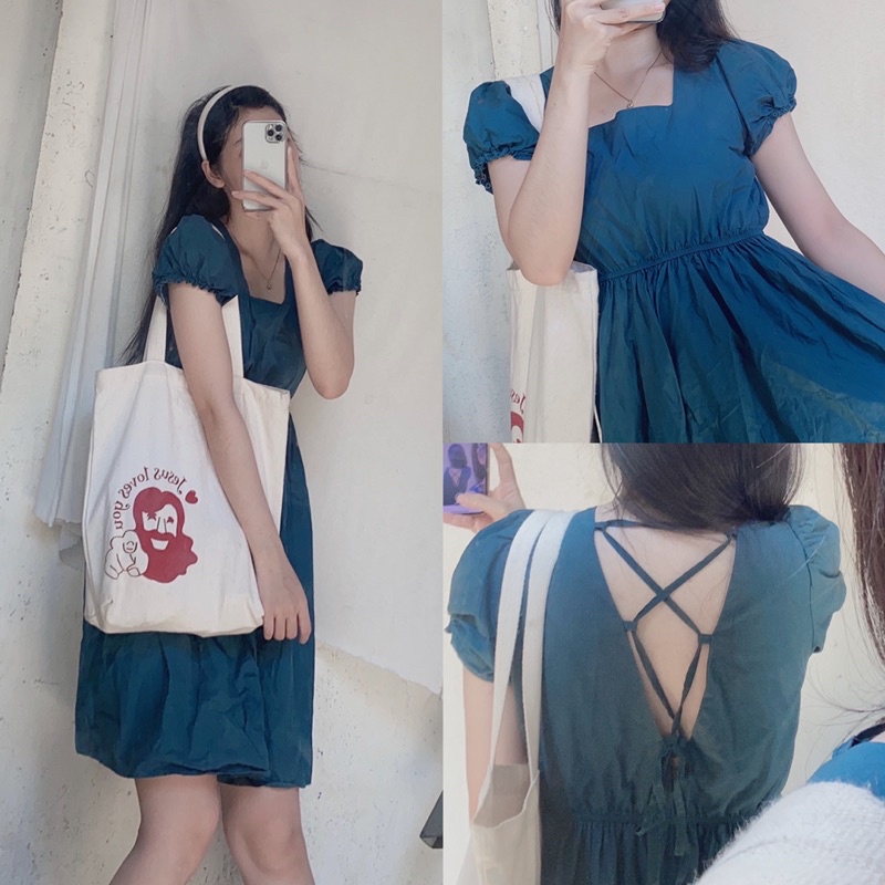 ĐẦM BABY DOLL ĐAN LƯNG XANH RÊU