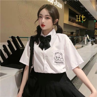 Áo sơ mi ngắn tay in chú gấu túi ngực