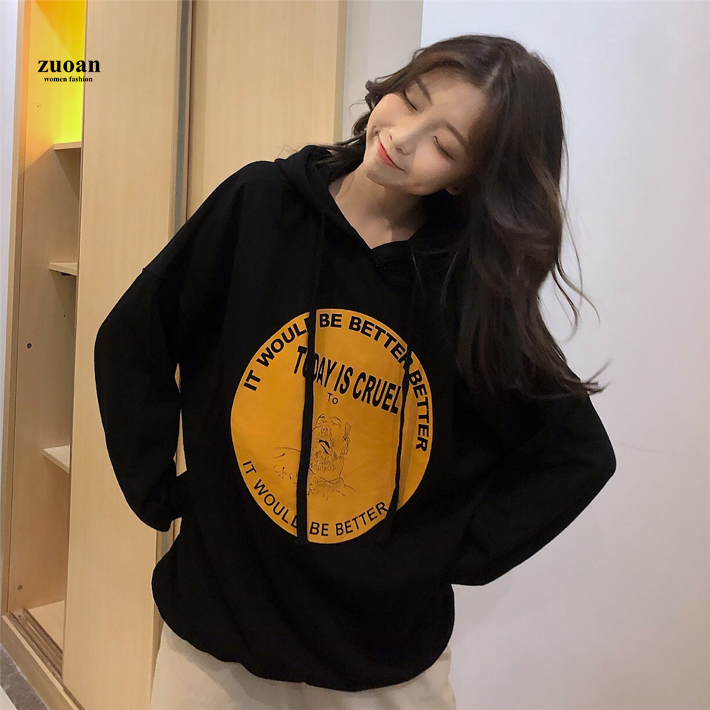 SUXI Áo len có mũ trùm đầu dáng rộng họa tiết in chữ cái hình tròn dài tay cho nữ