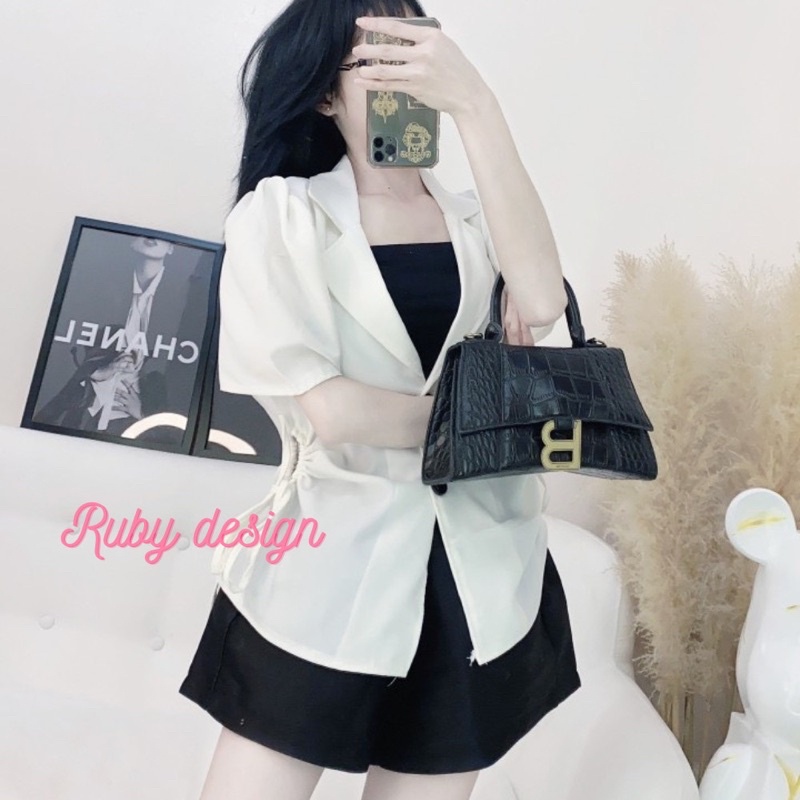 (XẢ HÀNG) Áo kiểu nữ cổ vest rút eo tay ngắn vải lụa mềm phong cách Hàn Quốc cá tính Ruby design