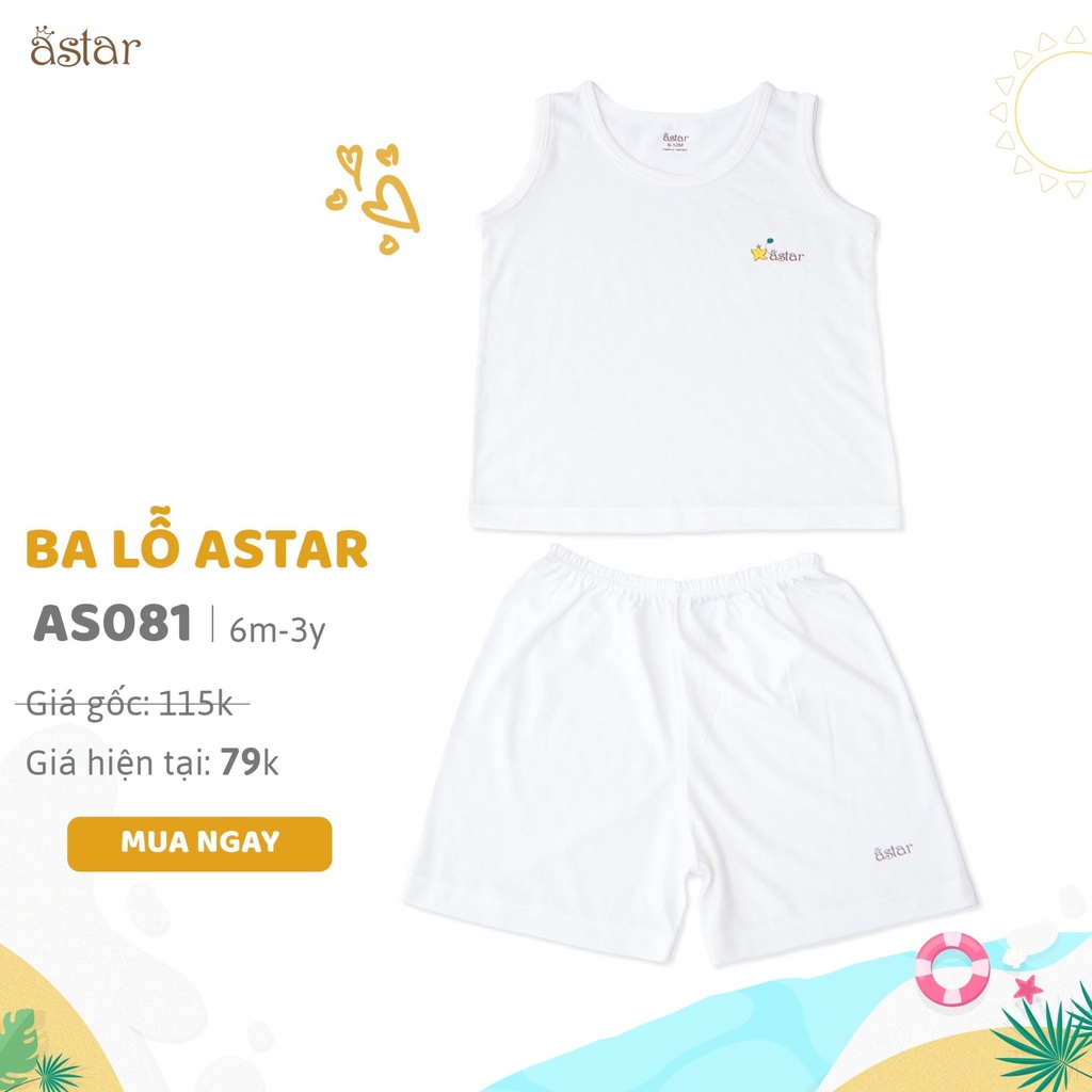 Bộ ba lỗ Astar họa tiết trơn cho bé 5-15kg