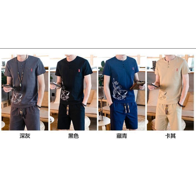 Set đồ Hán phục vải lanh cotton thêu họa tiết phong cách Trung Hoa cổ điển thời trang cho nam