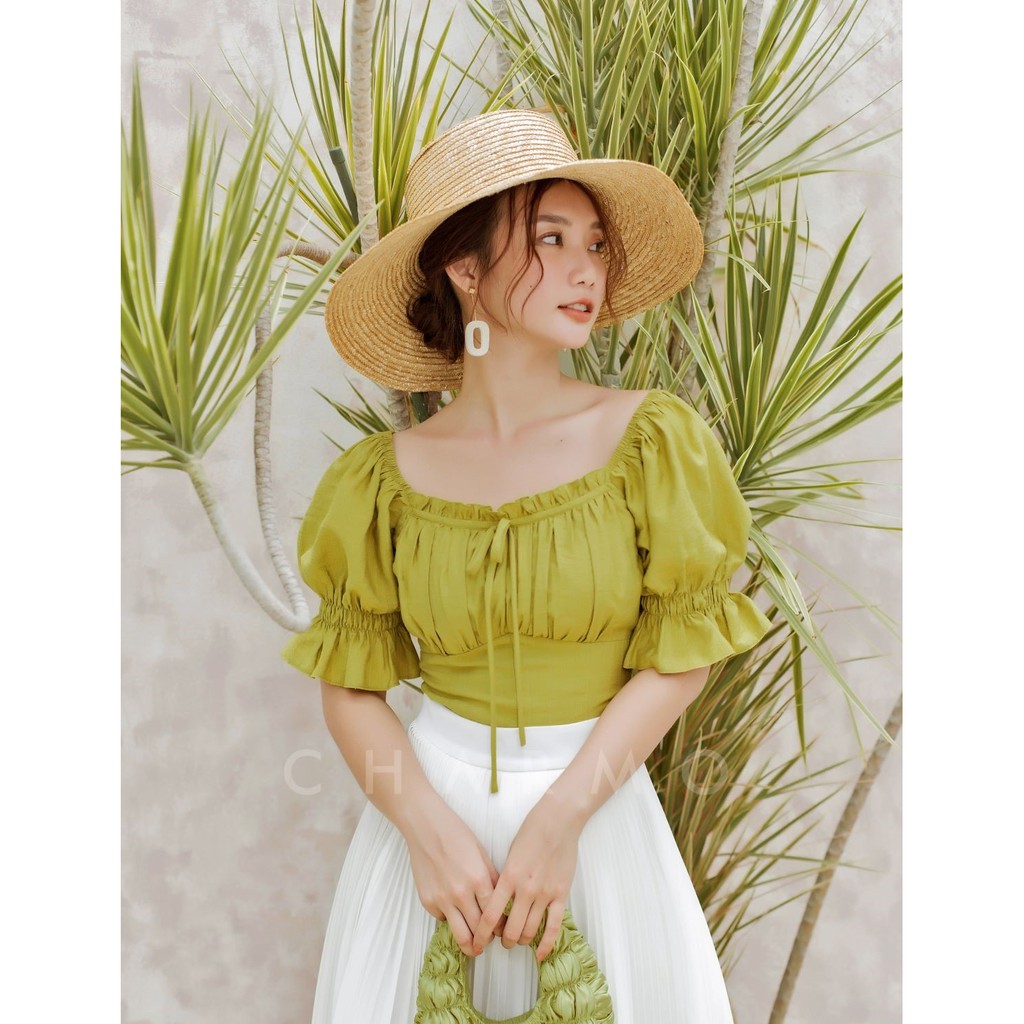 [Mã BMBAU50 giảm 50K đơn 150K] Áo kiểu thiết kế CHARMO vải lụa thêu mềm mại Drawstring Ruffle Top