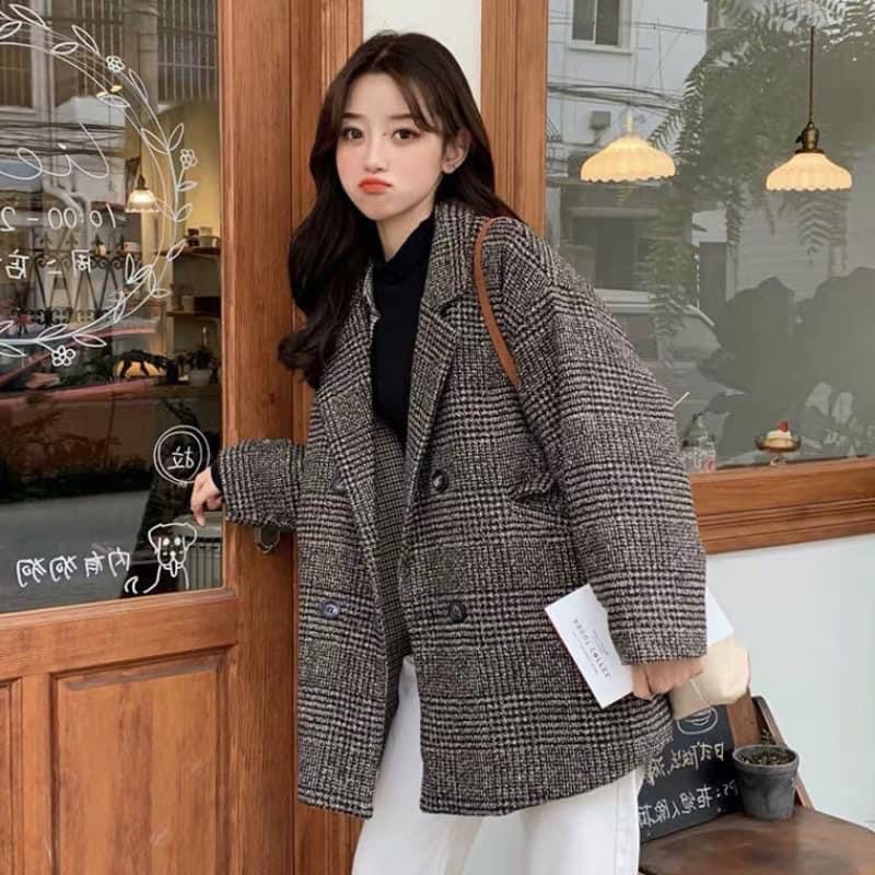 Áo blazer dạ kẻ 2 lớp phong cách ulzzang - to rộng phong cách Hàn Quốc | BigBuy360 - bigbuy360.vn