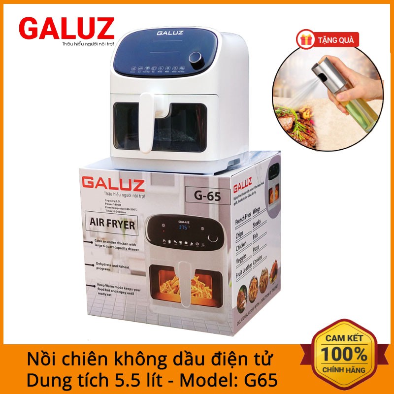 Nồi chiên không dầu điện tử Galuz G65 dung tích 5.5 lít công suất 1800W bảo hành 18 tháng - TẶNG Bình Xịt Dầu 100ml