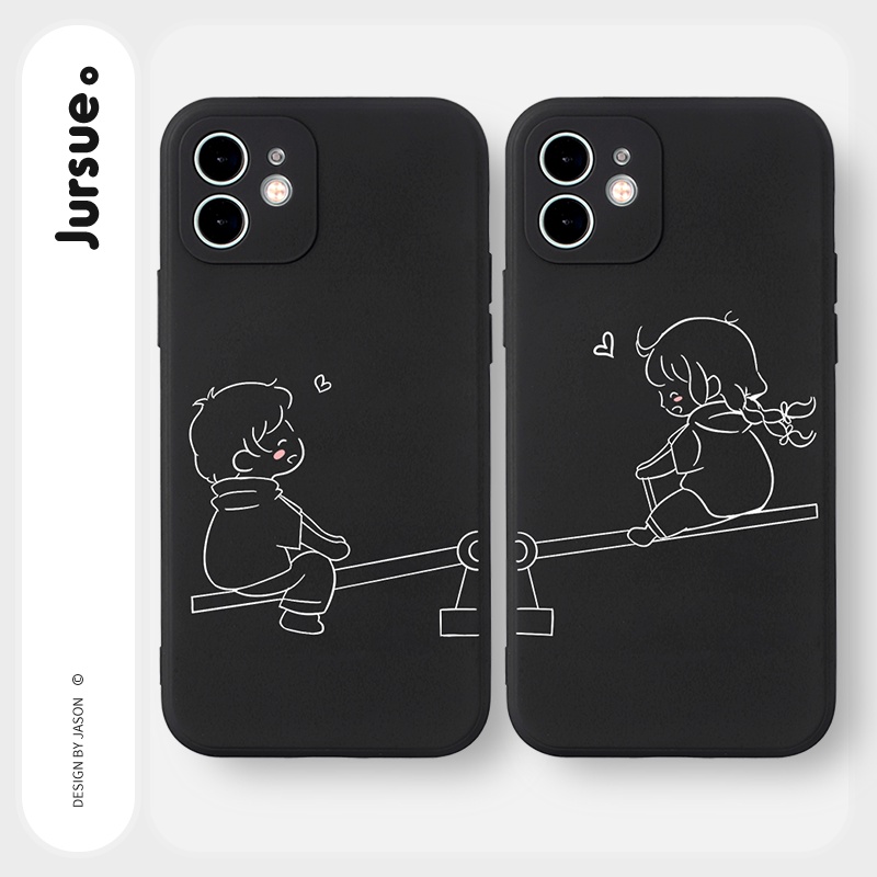 Ốp lưng JURSUE hoạt hình cặp đôi dễ thương đẹp đen cho iPhone 13 12 11 Pro Max SE 2020 X XR XS ip 8 7 6 6S Plus kute Y47